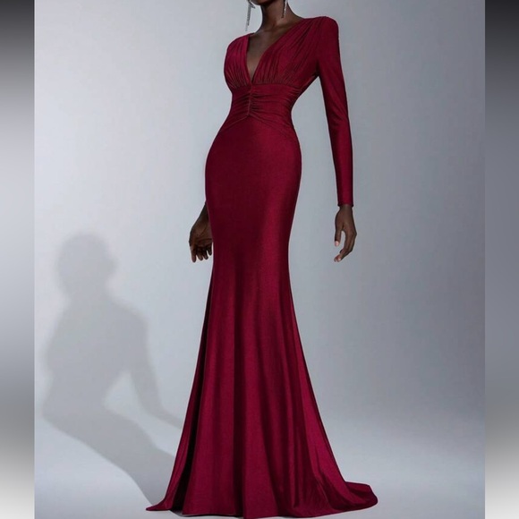 Elegant Burgundy Deep V Neck Long Sleeve StretchyDress